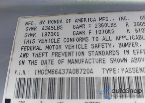 2007 Honda Accord 3.0 Se из США, поврежденный, VIN 1HGCM66437A087204